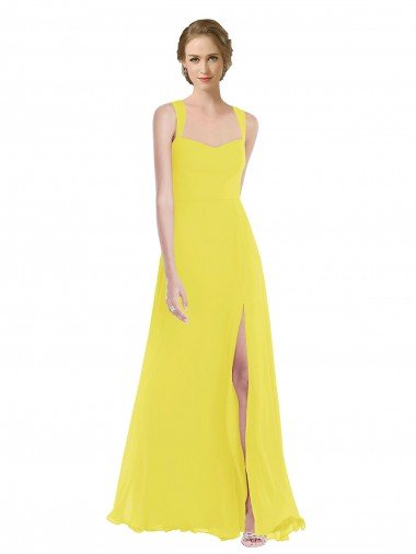 Amarillo línea A Tirantes espagueti Gasa Largo Vestidos de dama de honor Descuento