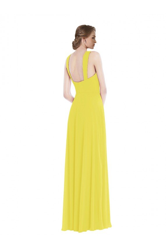 Amarillo línea A Tirantes espagueti Gasa Largo Vestidos de dama de honor Descuento