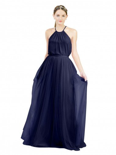 Azul Marino 21 línea A Halter Cuello Alto Tul Largo Vestidos de dama de honor Descuento
