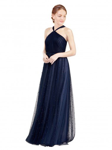 Azul Marino 21 línea A Halter Tul Largo Vestidos de dama de honor Descuento