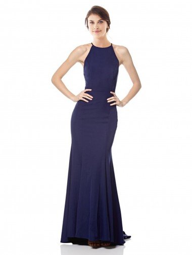 Azul Marino Sirena Halter Cuello Alto Crepé Elástico Largo Formales Vestidos de dama de honor / Vestidos de fiesta Descuento