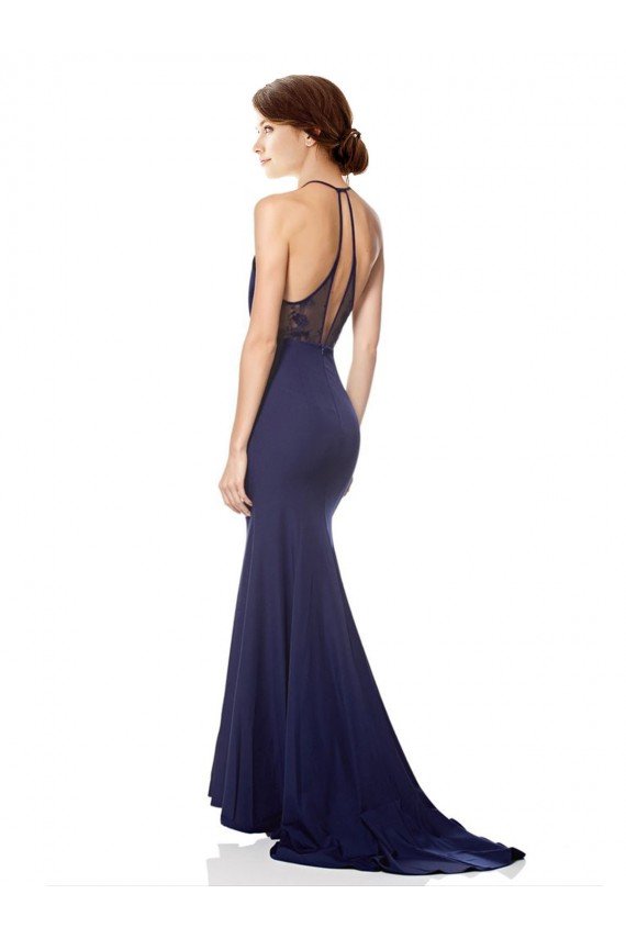 Azul Marino Sirena Halter Cuello Alto Crepé Elástico Largo Formales Vestidos de dama de honor / Vestidos de fiesta Descuento