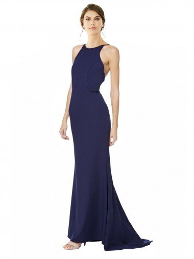 Azul Marino Sirena Halter Cuello Alto Crepé Elástico Largo Formales Vestidos de dama de honor / Vestidos de fiesta Descuento