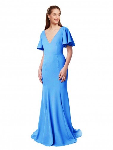 Azul Verde pavo real Sirena Cuello en V Barrer tren Crepé Elástico Largo Vestidos de dama de honor / Vestidos de fiesta Descuento