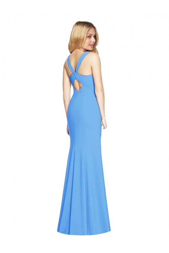 Azul Verde pavo real Trompeta Cuello en V Crepé Elástico Largo Vestidos de dama de honor / Vestidos de fiesta Descuento