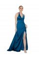 Azul Verde pavo real línea A Halter Satén sedoso Largo Formales Vestidos de dama de honor / Vestidos de fiesta Descuento