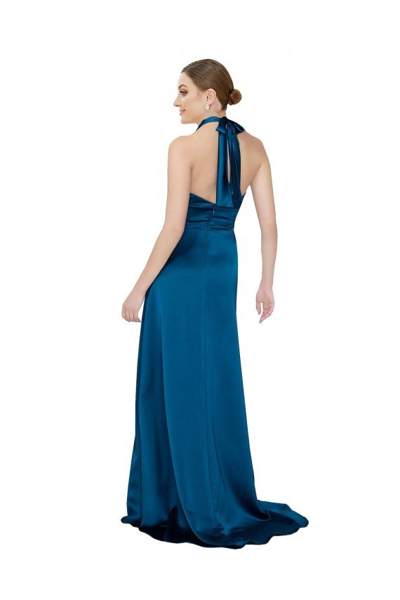 Azul Verde pavo real línea A Halter Satén sedoso Largo Formales Vestidos de dama de honor / Vestidos de fiesta Descuento