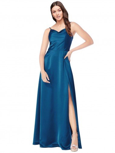 Azul Verde pavo real línea A Tirantes espagueti Satén sedoso Largo Formales Vestidos de dama de honor / Vestidos de fiesta Descuento