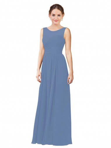 Azul Windsor Cubierta Ilusión Cuello de Corazón Gasa Largo Vestidos de dama de honor Descuento