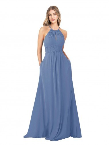 Azul Windsor línea A Cuello Alto Gasa Largo Vestidos de dama de honor Descuento