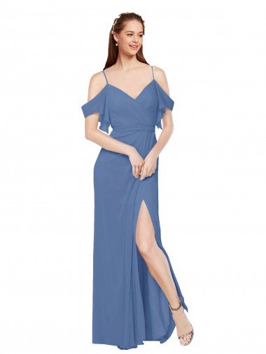 Azul Windsor línea A Hombros Descubiertos Gasa Largo Vestidos de dama de honor Descuento