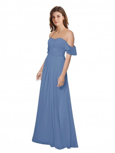 Azul Windsor línea A Hombros Descubiertos Sin tirantes Gasa Largo Vestidos de dama de honor Descuento