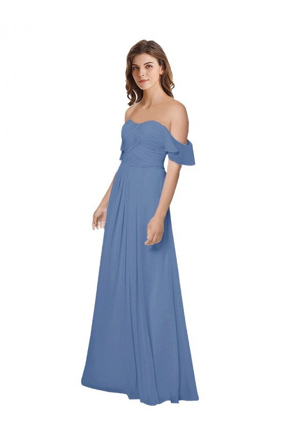 Azul Windsor línea A Hombros Descubiertos Sin tirantes Gasa Largo Vestidos de dama de honor Descuento