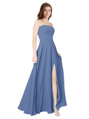 Azul Windsor línea A Sin tirantes Gasa Largo Vestidos de dama de honor Descuento