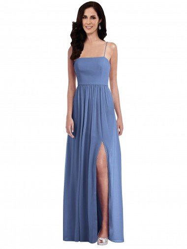 Azul Windsor línea A Tirantes espagueti Gasa Largo Vestidos de dama de honor Descuento