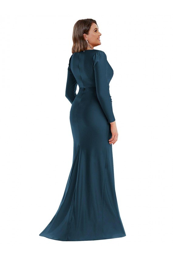 Azul atlántico Sirena Cuello en V Satén sedoso Largo Formales Vestidos de dama de honor / Vestidos de fiesta Descuento