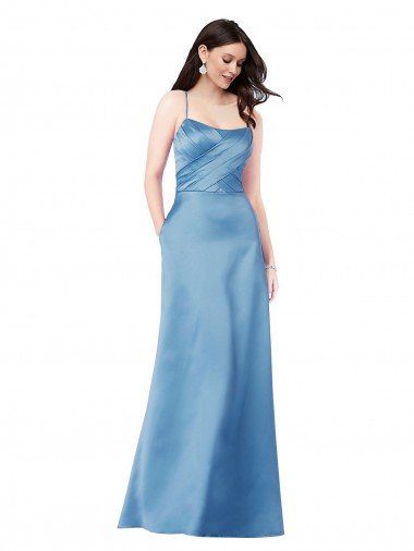 Azul cielo Cubierta Tirantes espagueti Cuadrado Satén Largo Formales Vestidos de dama de honor / Vestidos de fiesta Descuento