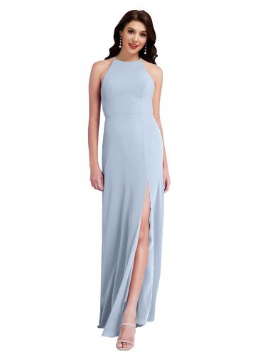 Azul cielo claro Cubierta Halter Cuello Alto Crepé Elástico Largo Formales Vestidos de dama de honor / Vestidos de fiesta Descuento