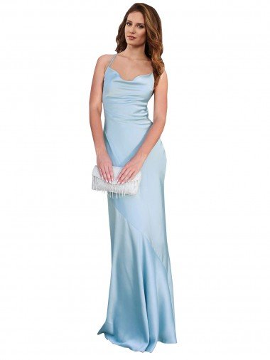 Azul cielo claro Cubierta Satén sedoso Largo Formales Vestidos de dama de honor / Vestidos de fiesta Descuento