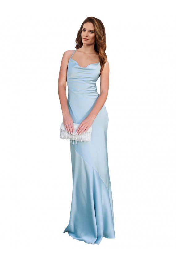 Azul cielo claro Cubierta Satén sedoso Largo Formales Vestidos de dama de honor / Vestidos de fiesta Descuento
