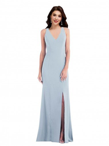 Azul cielo claro Trompeta Cuello en V Crepé Elástico Largo Vestidos de dama de honor / Vestidos de fiesta Descuento