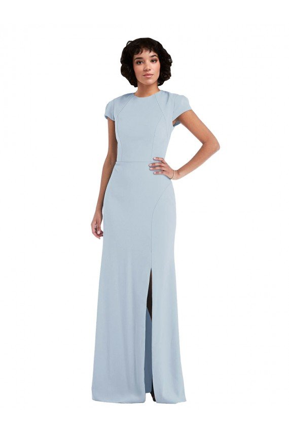 Azul cielo claro Trompeta Cuello joya Crepé Elástico Largo Vestidos de dama de honor Descuento