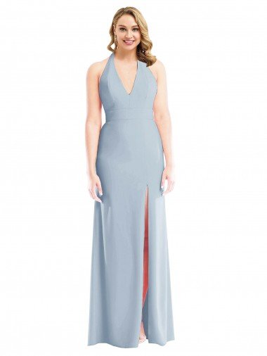 Azul cielo claro Trompeta Halter Crepé Elástico Largo Vestidos de dama de honor / Vestidos de fiesta Descuento