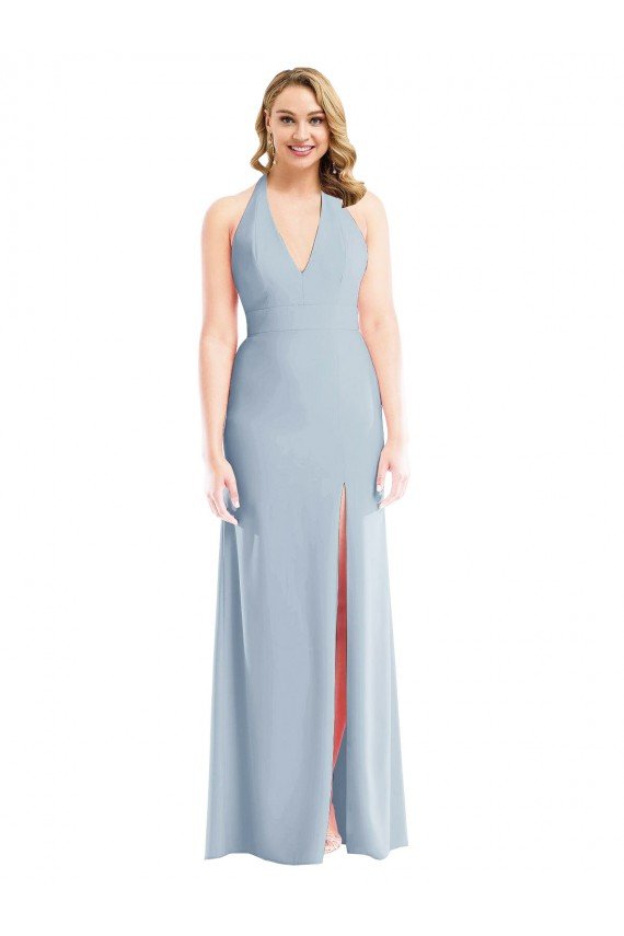 Azul cielo claro Trompeta Halter Crepé Elástico Largo Vestidos de dama de honor / Vestidos de fiesta Descuento