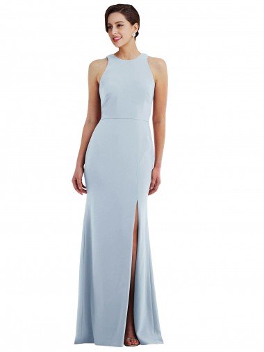 Azul cielo claro Trompeta Halter Cuello joya Crepé Elástico Largo Formales Vestidos de dama de honor / Vestidos de fiesta Descuento