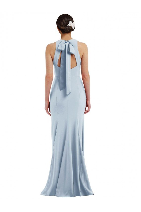 Azul cielo claro Trompeta Halter Cuello joya Crepé Elástico Largo Formales Vestidos de dama de honor / Vestidos de fiesta Descuento