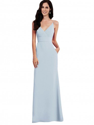 Azul cielo claro Trompeta Tirantes espagueti Cuello en V Crepé Elástico Largo Vestidos de dama de honor / Vestidos de fiesta Descuento