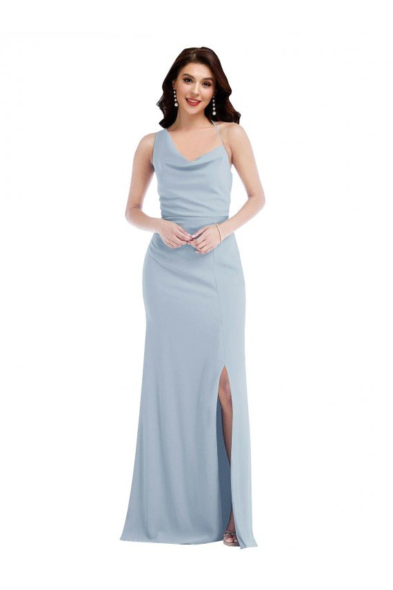 Azul cielo claro Trompeta Un Hombre Crepé Elástico Largo Vestidos de dama de honor / Vestidos de fiesta Descuento
