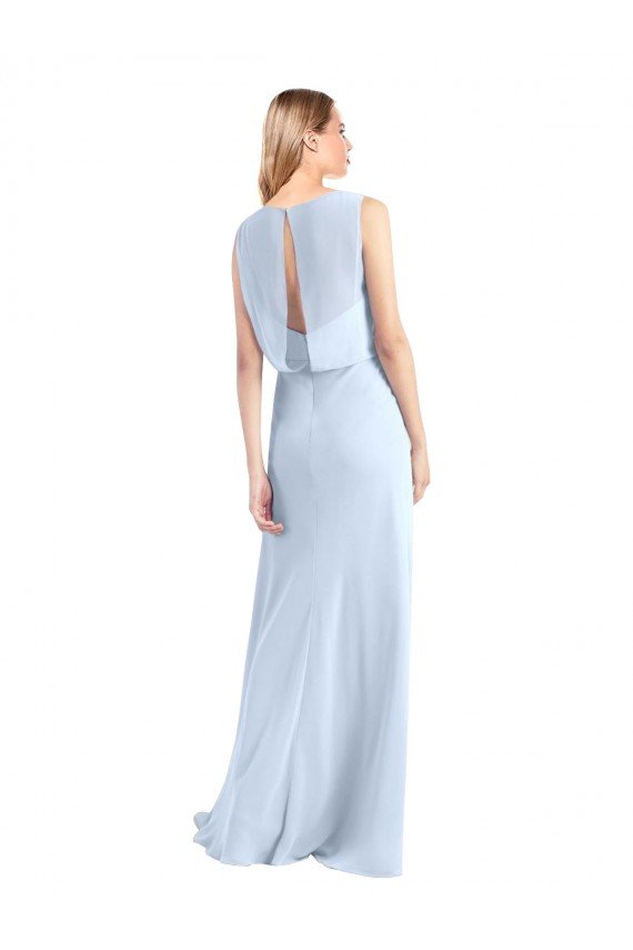 Azul cielo claro línea A Cuello en V Gasa Largo Vestidos de dama de honor Descuento