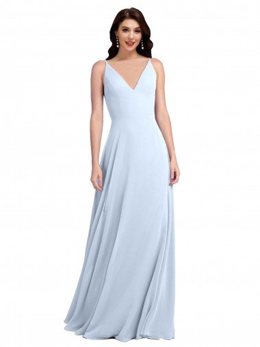 Azul cielo claro línea A Cuello en V Gasa Largo Vestidos de dama de honor Descuento