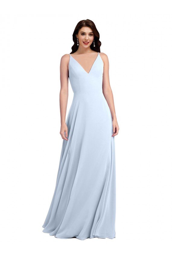 Azul cielo claro línea A Cuello en V Gasa Largo Vestidos de dama de honor Descuento