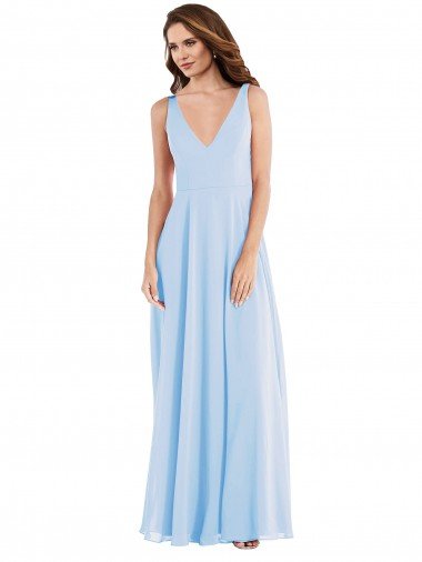 Azul cielo claro línea A Cuello en V Gasa Largo Vestidos de dama de honor Descuento