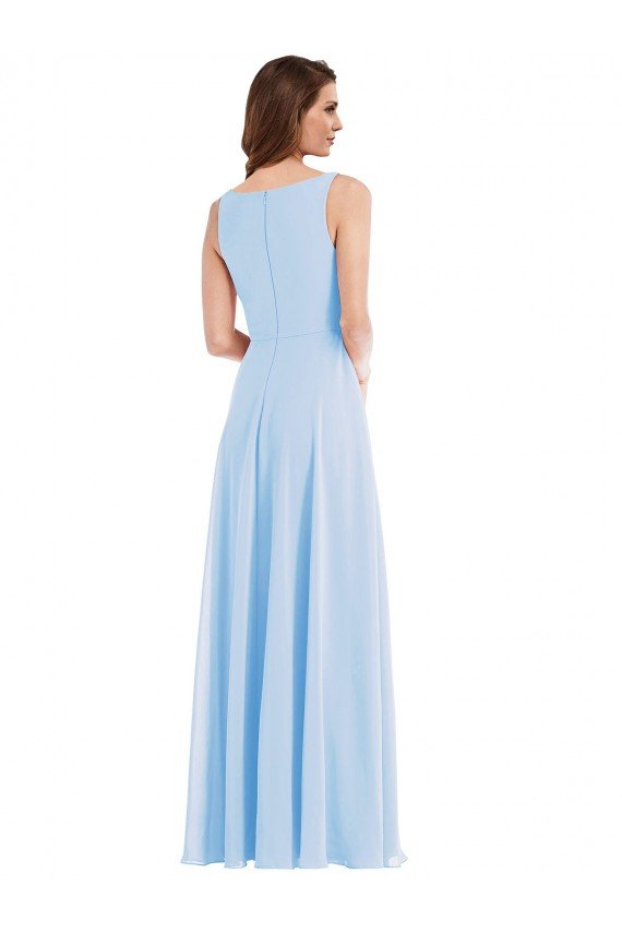 Azul cielo claro línea A Cuello en V Gasa Largo Vestidos de dama de honor Descuento