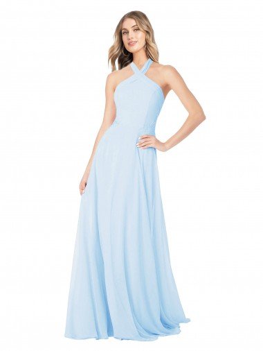 Azul cielo claro línea A Halter Cuello Alto Gasa Largo Vestidos de dama de honor Descuento