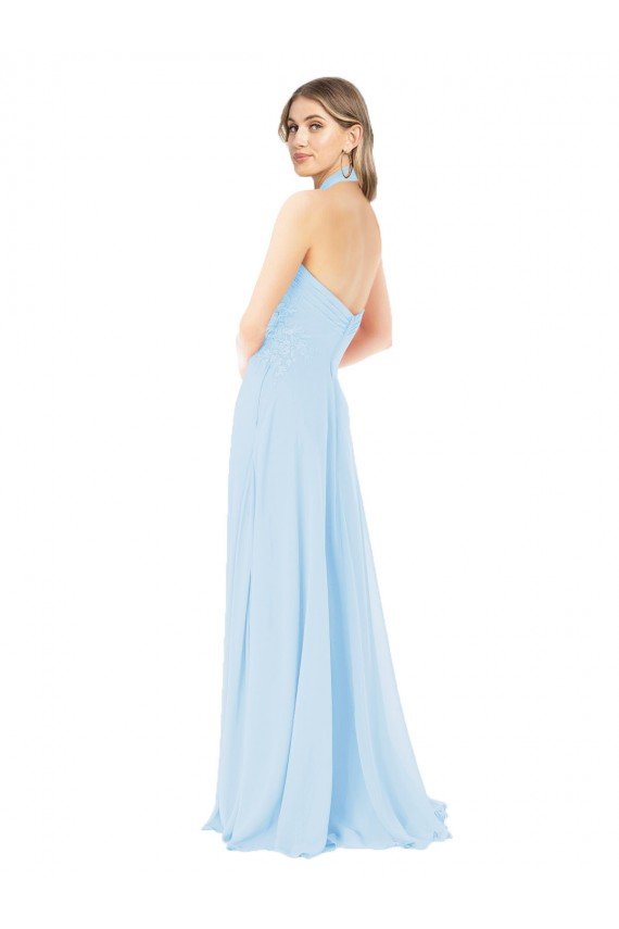 Azul cielo claro línea A Halter Cuello Alto Gasa Largo Vestidos de dama de honor Descuento