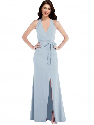 Azul cielo claro línea A Halter Cuello en V Crepé Elástico Largo Formales Vestidos de dama de honor / Vestidos de fiesta Descuento