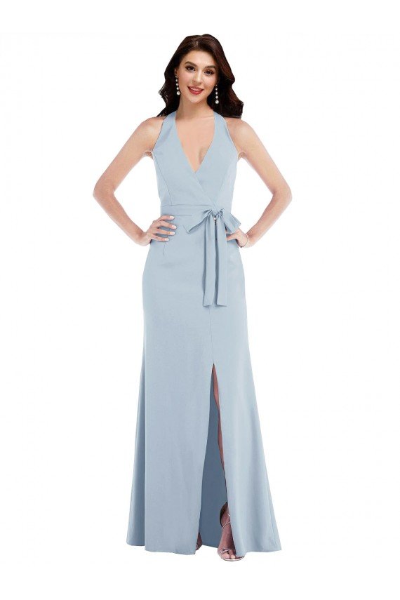 Azul cielo claro línea A Halter Cuello en V Crepé Elástico Largo Formales Vestidos de dama de honor / Vestidos de fiesta Descuento