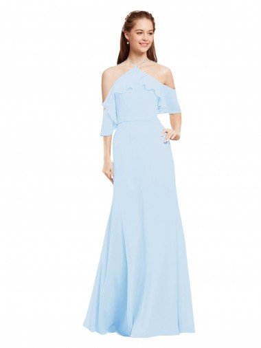 Azul cielo claro línea A Halter Gasa Largo Vestidos de dama de honor Descuento