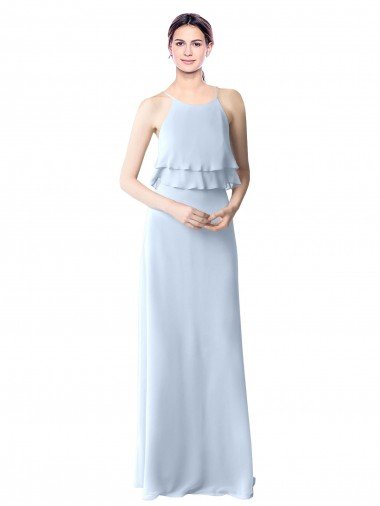 Azul cielo claro línea A Halter Gasa Largo Vestidos de dama de honor Descuento
