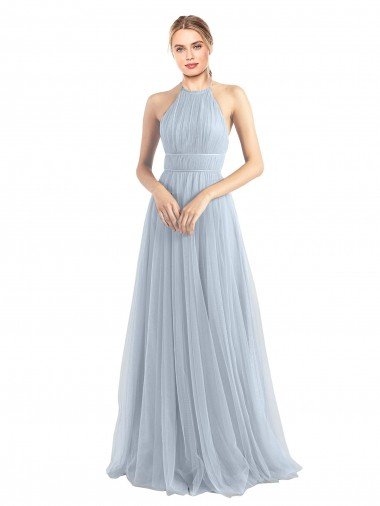 Azul cielo claro línea A Halter Tul Largo Vestidos de dama de honor Descuento