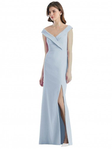 Azul cielo claro línea A Hombros Descubiertos Cuello en V Crepé Elástico Largo Vestidos de dama de honor Descuento
