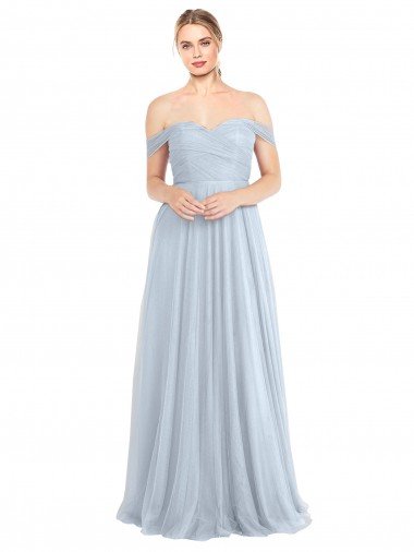 Azul cielo claro línea A Hombros Descubiertos Tul Largo Vestidos de dama de honor Descuento
