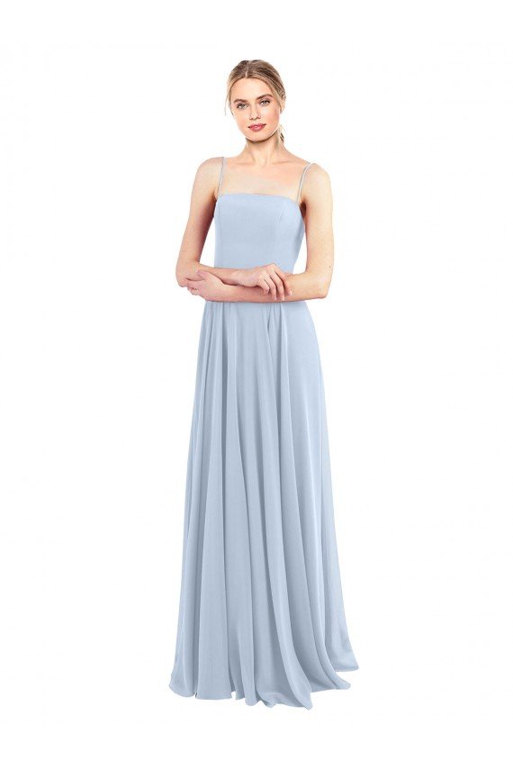 Azul cielo claro línea A Tirantes espagueti Cuadrado Gasa Largo Vestidos de dama de honor Descuento