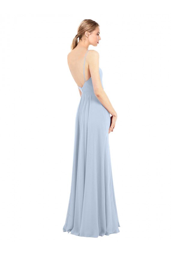 Azul cielo claro línea A Tirantes espagueti Cuadrado Gasa Largo Vestidos de dama de honor Descuento
