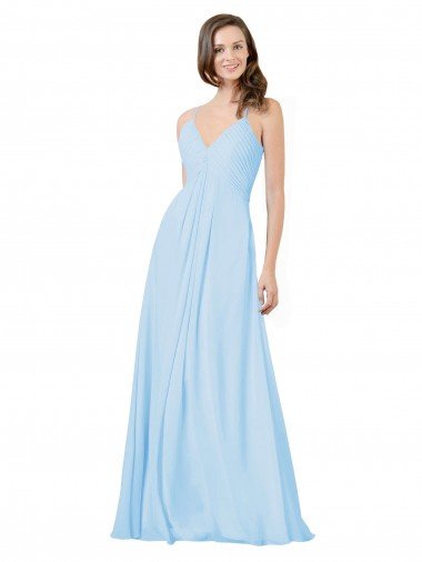 Azul cielo claro línea A Tirantes espagueti Cuello en V Gasa Largo Vestidos de dama de honor Descuento