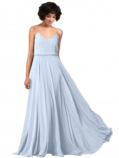 Azul cielo claro línea A Tirantes espagueti Cuello en V Gasa Largo Vestidos de dama de honor Descuento